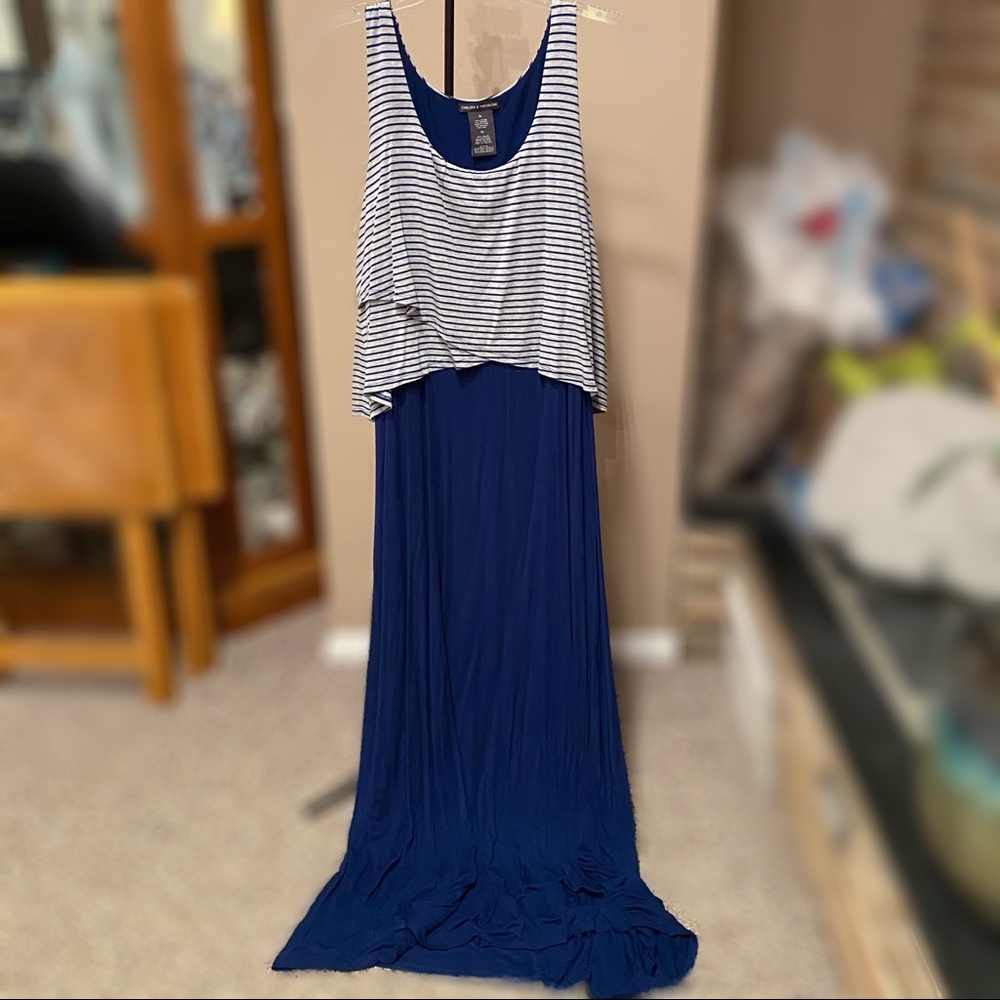 Blue Maxi Dress with Gray Stripes
